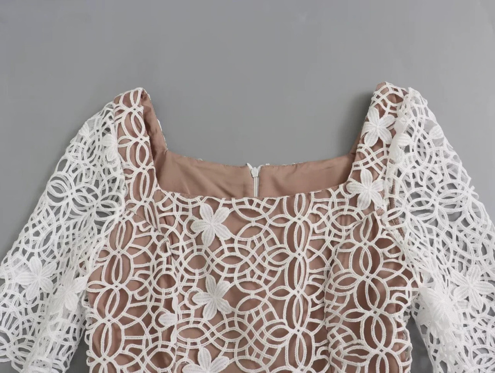ZARA Elegant Square Neck Lace Contrast Color Short Sleeve Dress